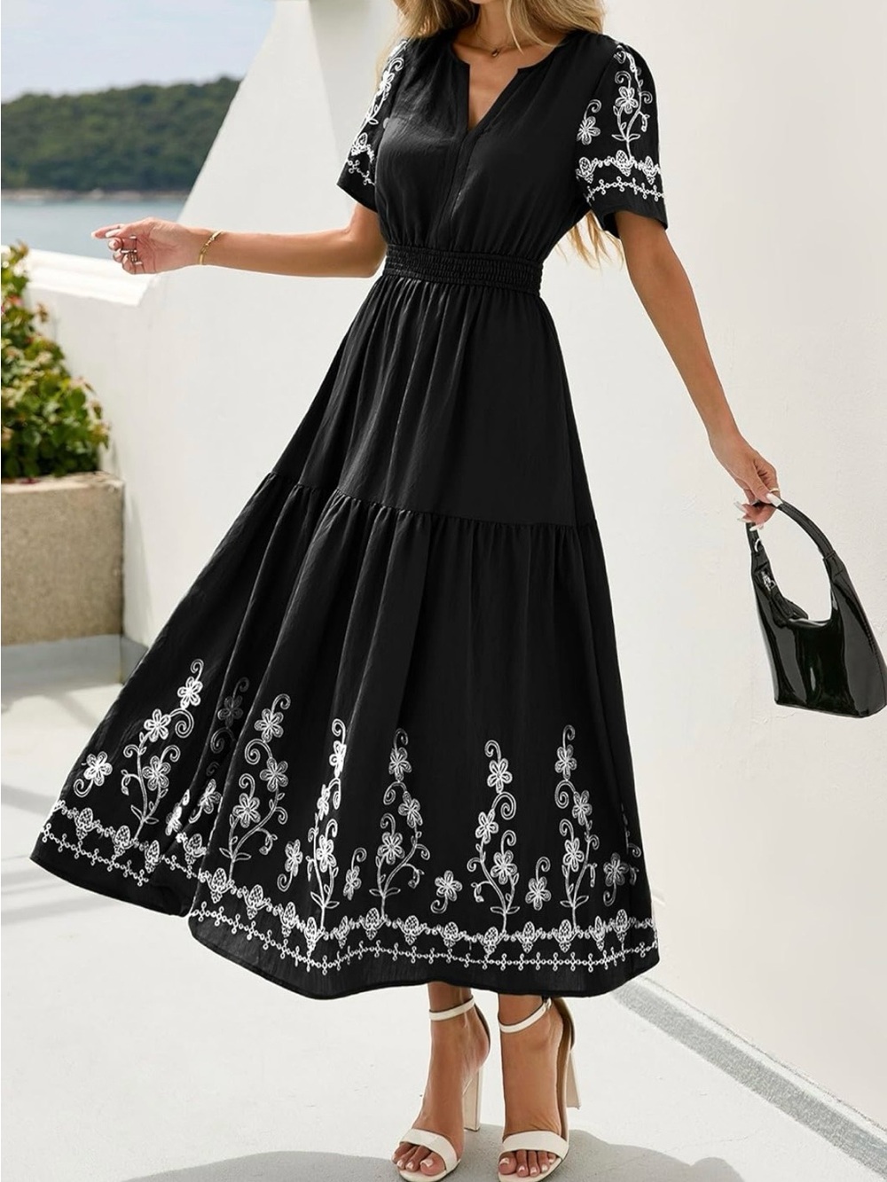 #58 Pretty Garden Black Embroidered Midi Dress - Elegant Floral Detail